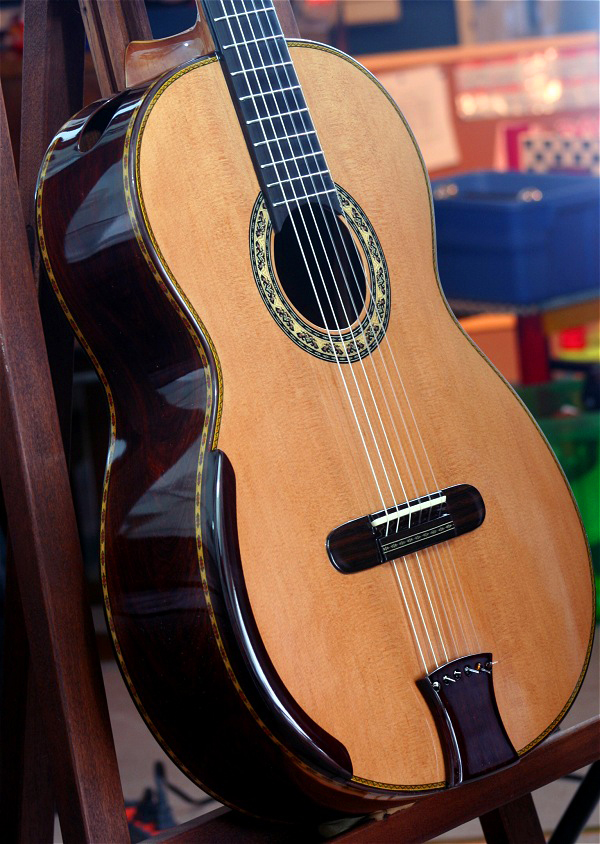 Aged Brazilian rosewood B&S, Lattice braced Canadian cedar top