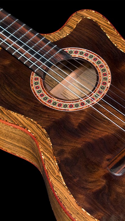 Highly figured Bocote B&S, Bocote & Curly Walnut top Concert Classical Guitar