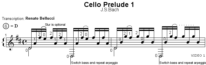 Bach Prelude BWV 1007 TAB Staff and Video 1