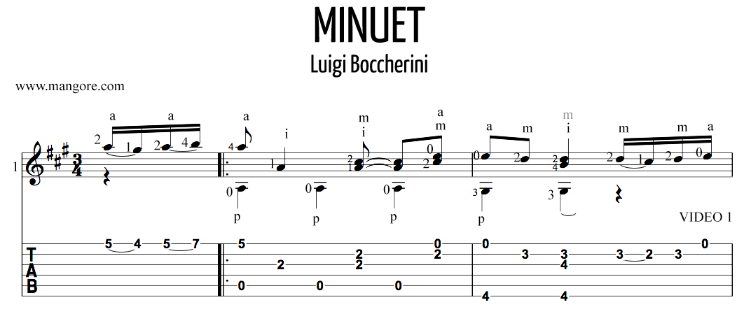 Boccherini Luigi Minuet TAB Staff and Video 1