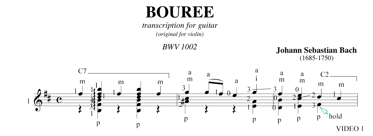 Bach Bourree in Bm BWV 1002 Staff and Video 1